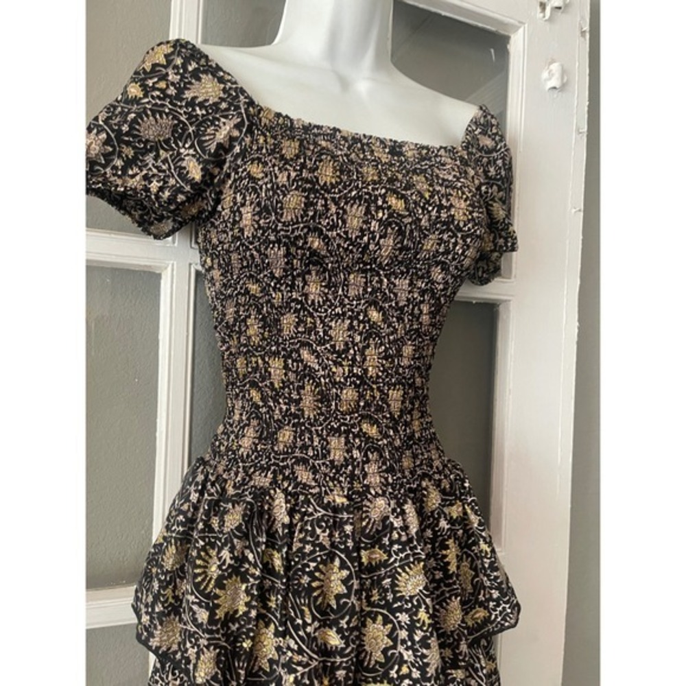 Muche et Muchette Black Gold Floral Smocked High-Low Tiered Ruffle Maxi Dress - Picture 4 of 10